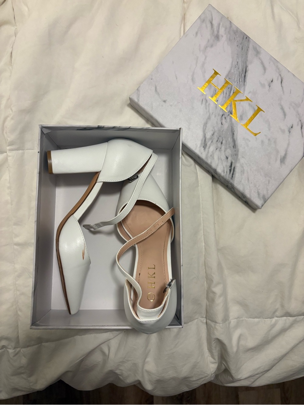 White Block Heel Ankle-Strap Pumps